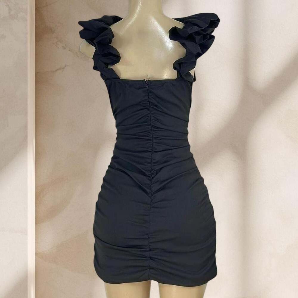 Black Ruched Mini Dress – Ruffle Strap Bodycon Corset Style Sexy Elegant ✧ L - Picture 4 of 4